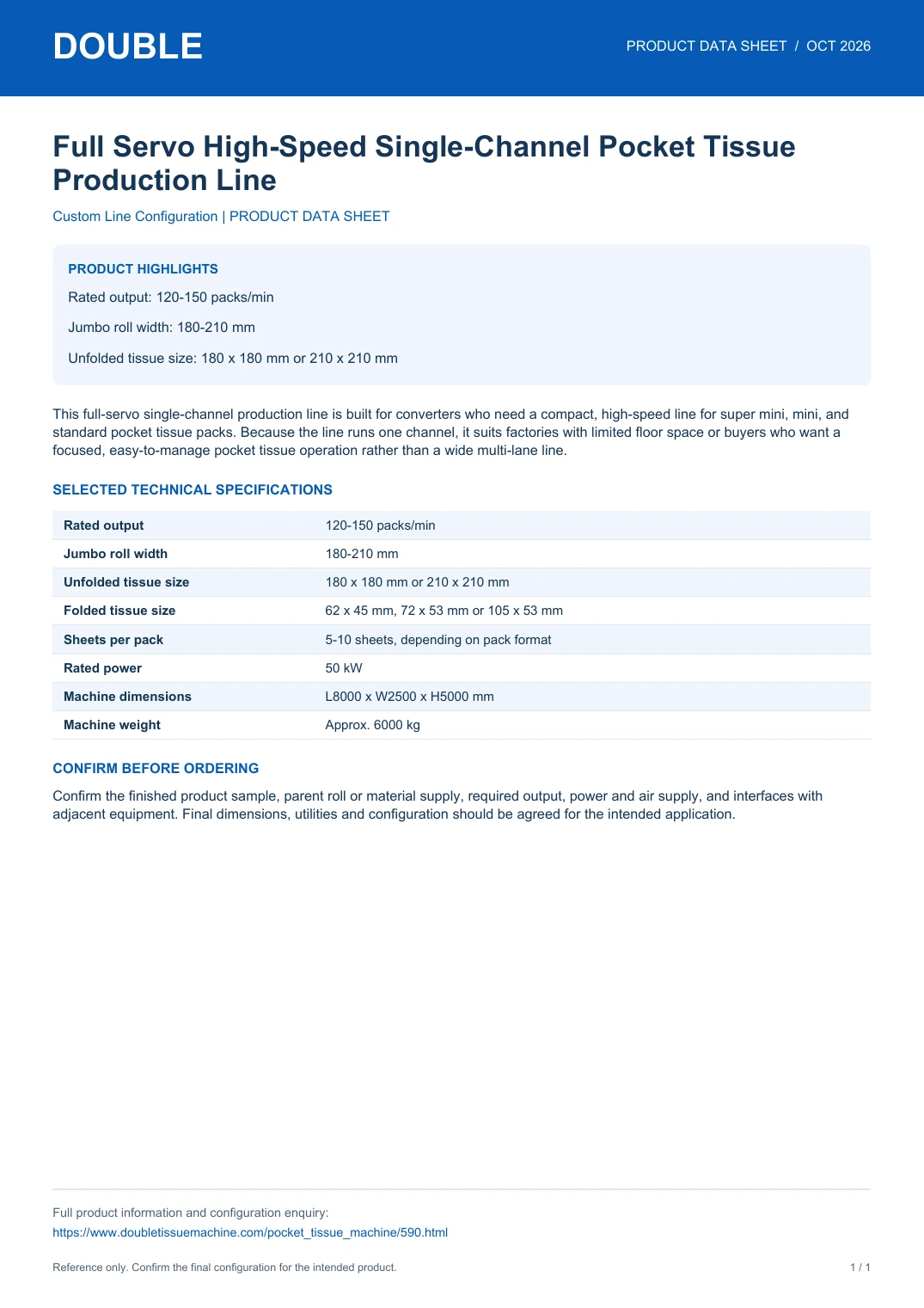 Full Servo High-Speed Single-Channel Pocket Tissue Production Line - PDF Data Sheet