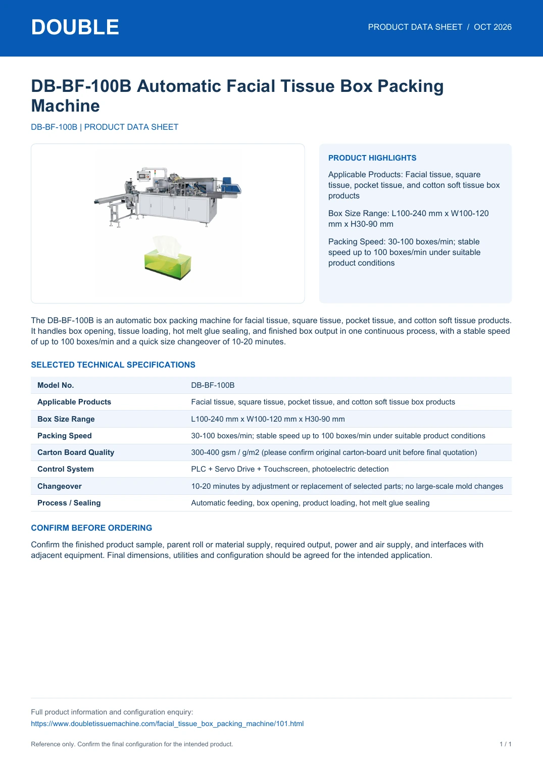 DB-BF-100B Automatic Facial Tissue Box Packing Machine - PDF Data Sheet