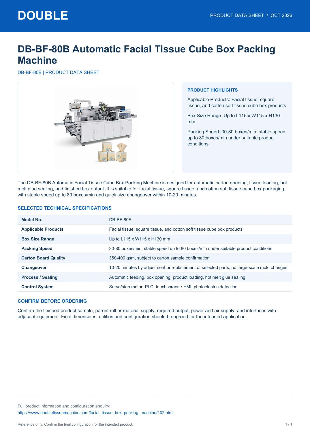 DB-BF-80B Automatic Facial Tissue Cube Box Packing Machine - PDF Data Sheet