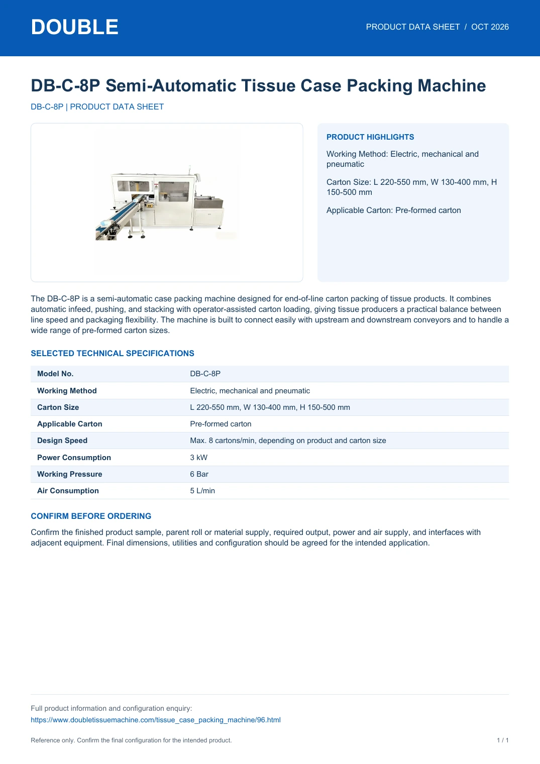 DB-C-8P Semi-Automatic Tissue Case Packing Machine - PDF Data Sheet