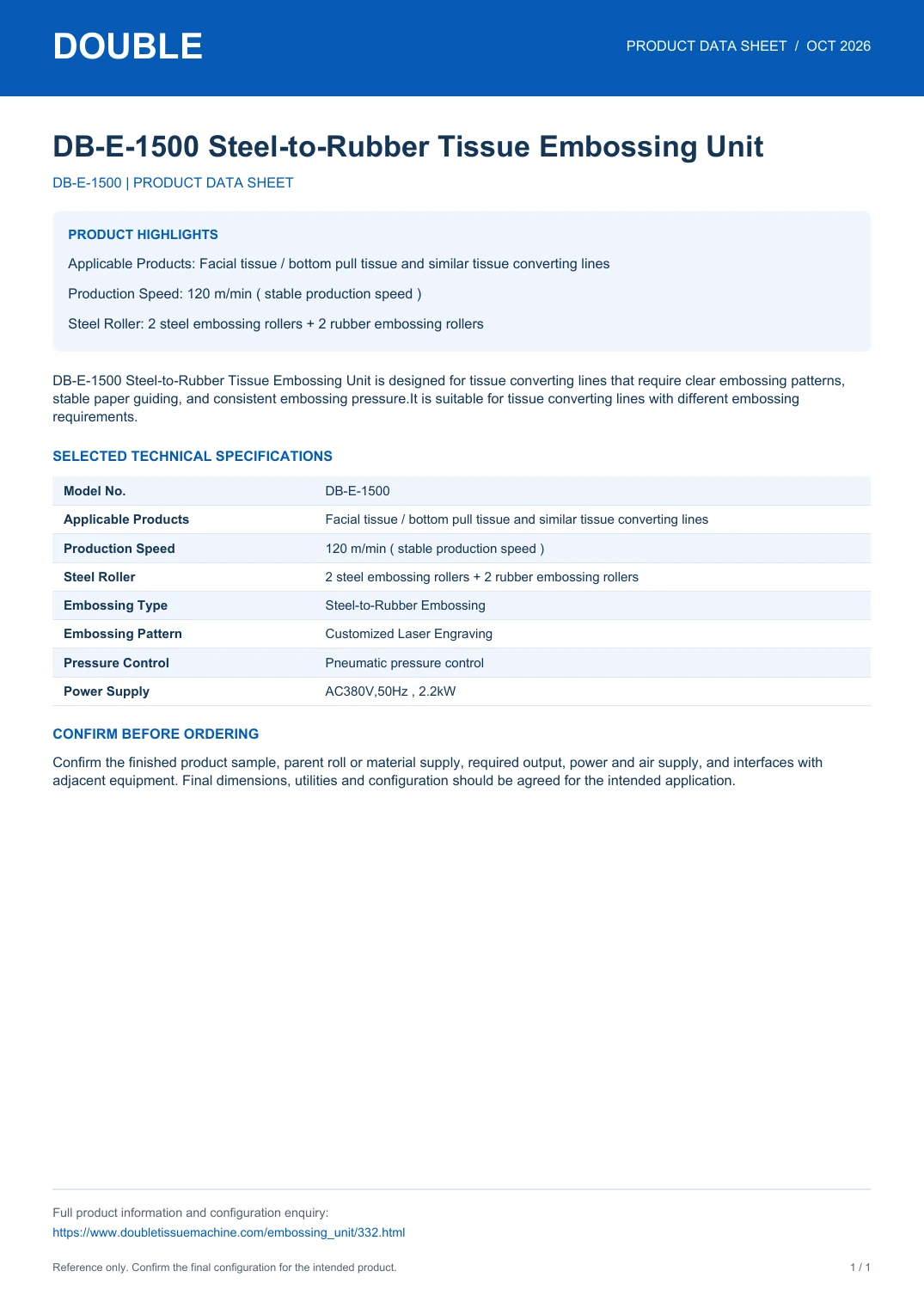 DB-E-1500 Steel-to-Rubber Tissue Embossing Unit - PDF Data Sheet