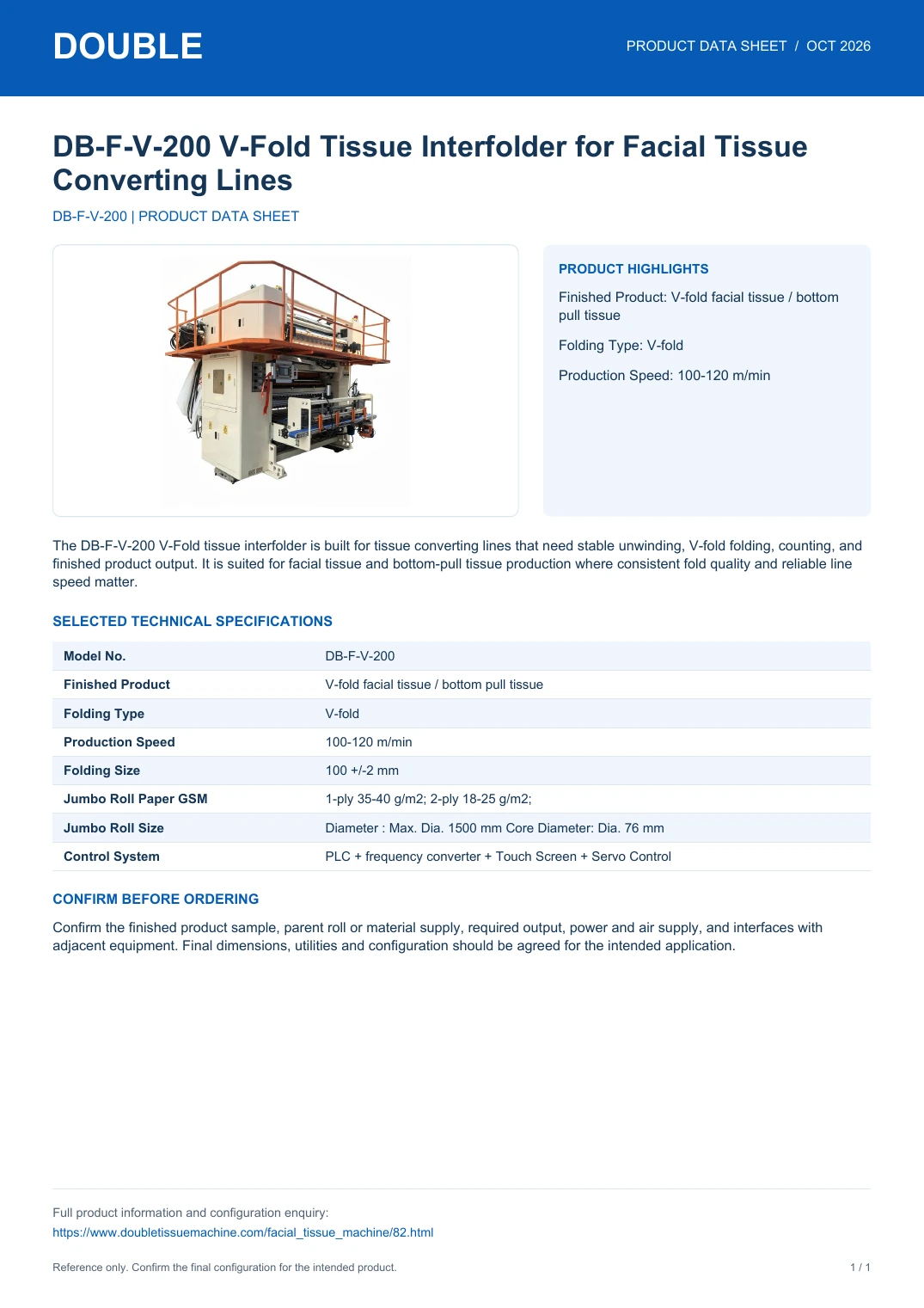 DB-F-V-200 V-Fold Tissue Interfolder for Facial Tissue Converting Lines - PDF Data Sheet