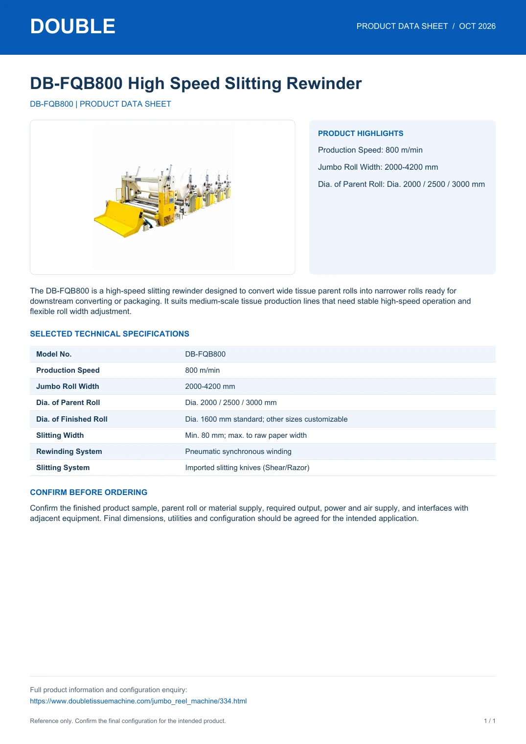 DB-FQB800 High Speed Slitting Rewinder - PDF Data Sheet