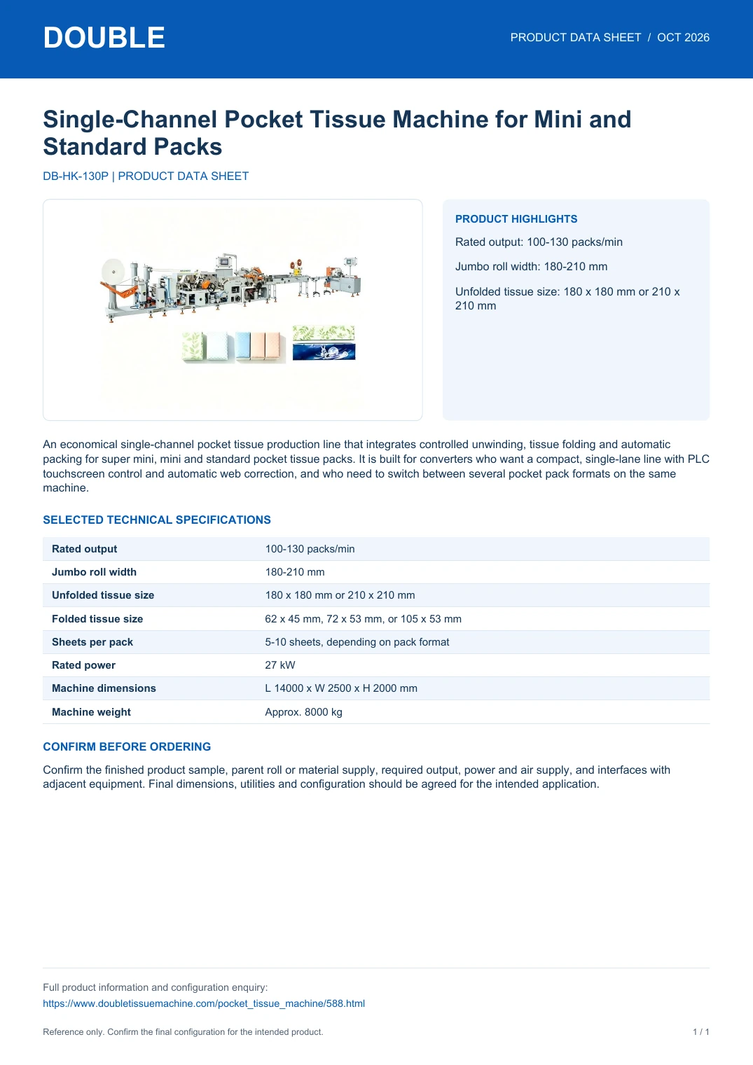 Single-Channel Pocket Tissue Machine for Mini and Standard Packs - PDF Data Sheet