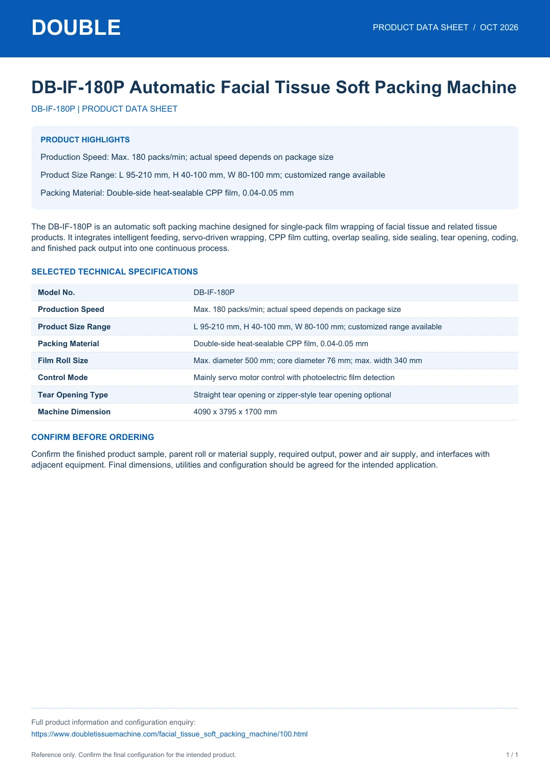 DB-IF-180P Automatic Facial Tissue Soft Packing Machine - PDF Data Sheet