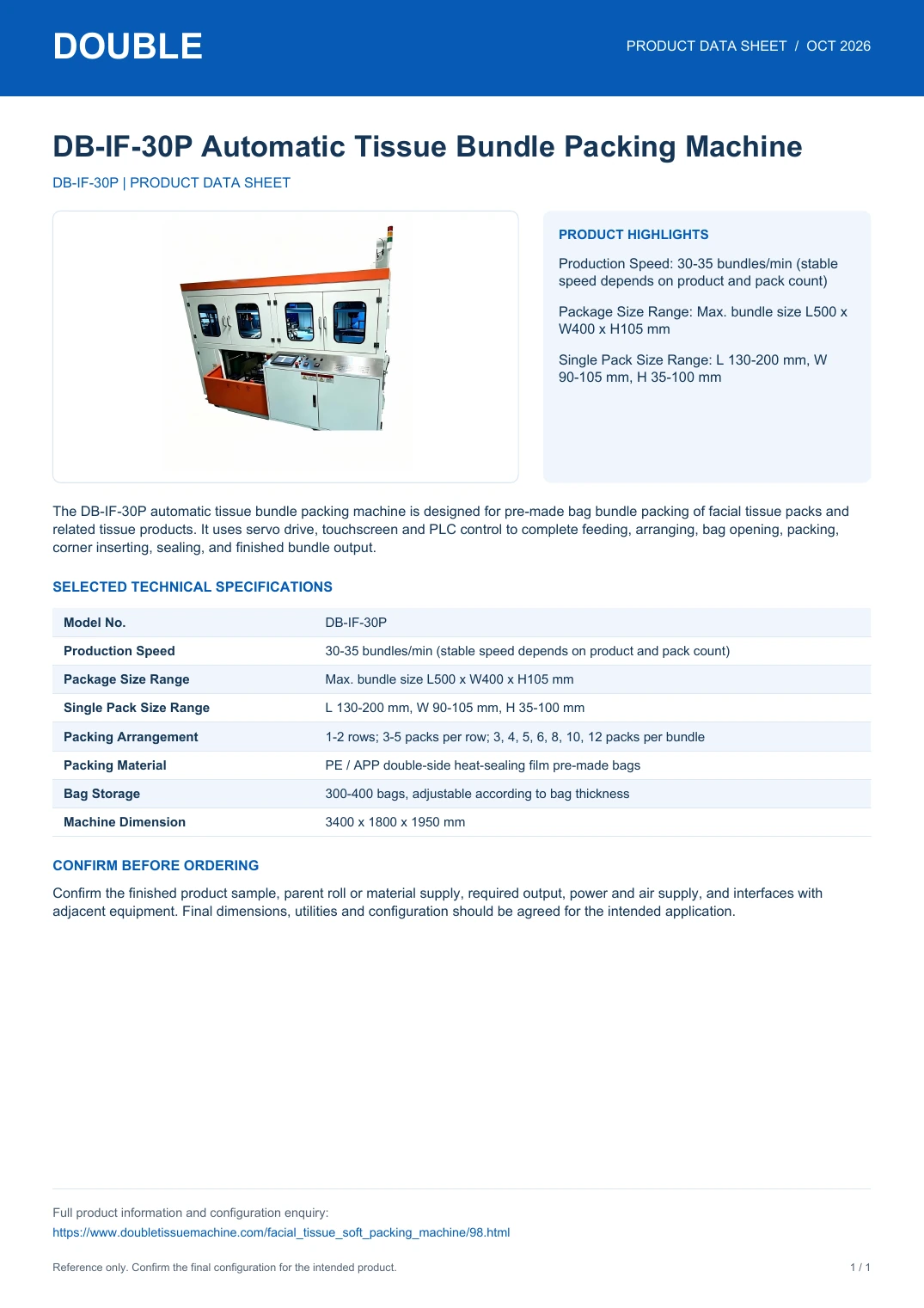 DB-IF-30P Automatic Tissue Bundle Packing Machine - PDF Data Sheet