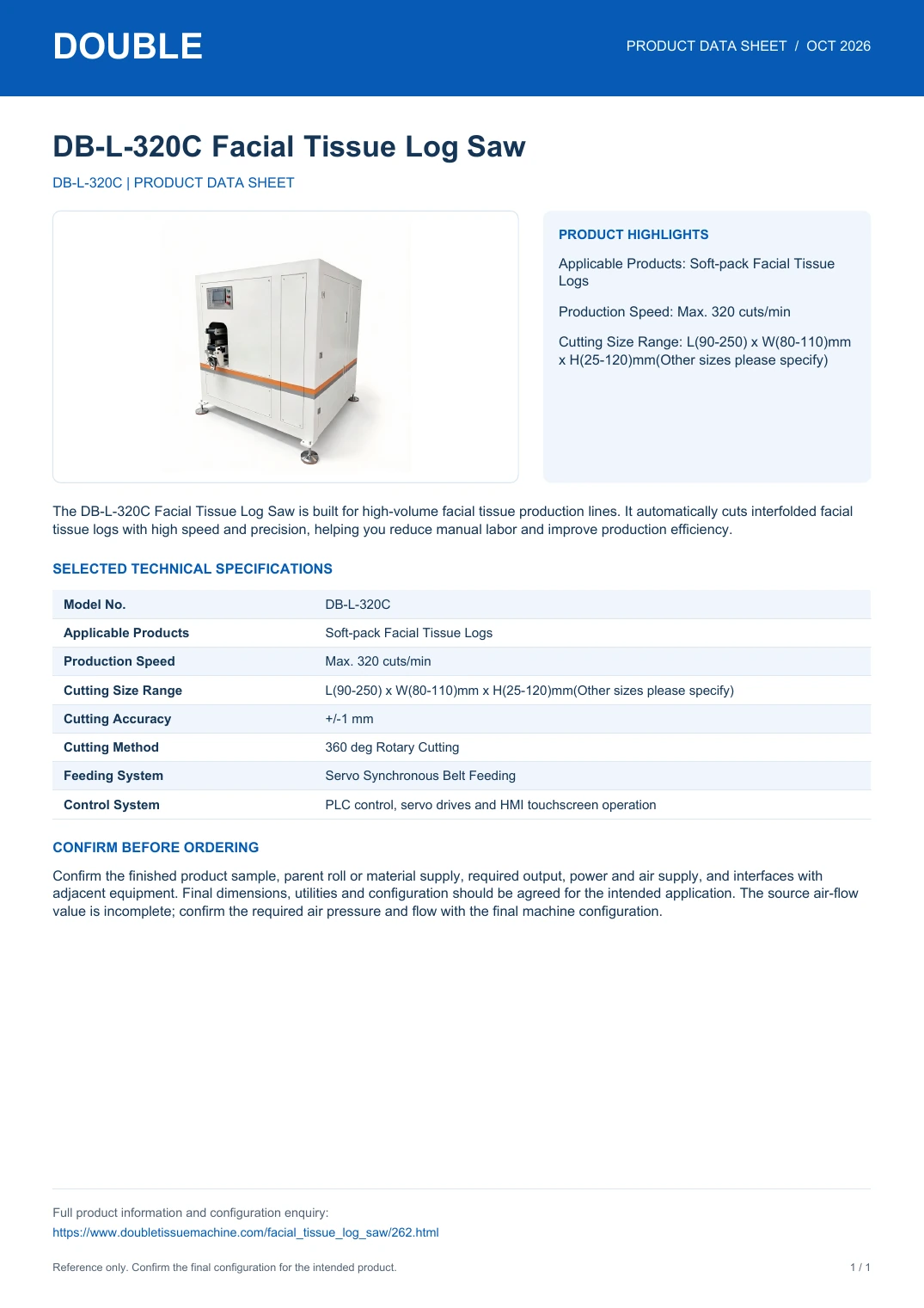 DB-L-320C Facial Tissue Log Saw - PDF Data Sheet
