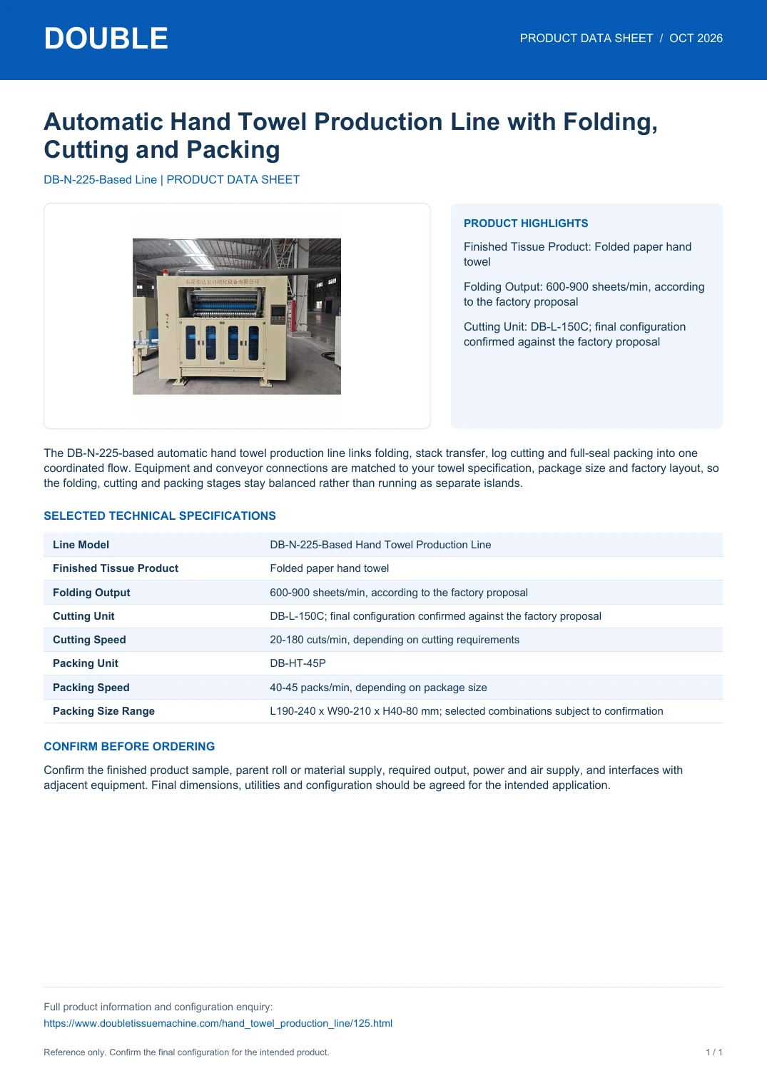 Automatic Hand Towel Production Line with Folding, Cutting and Packing - PDF Data Sheet