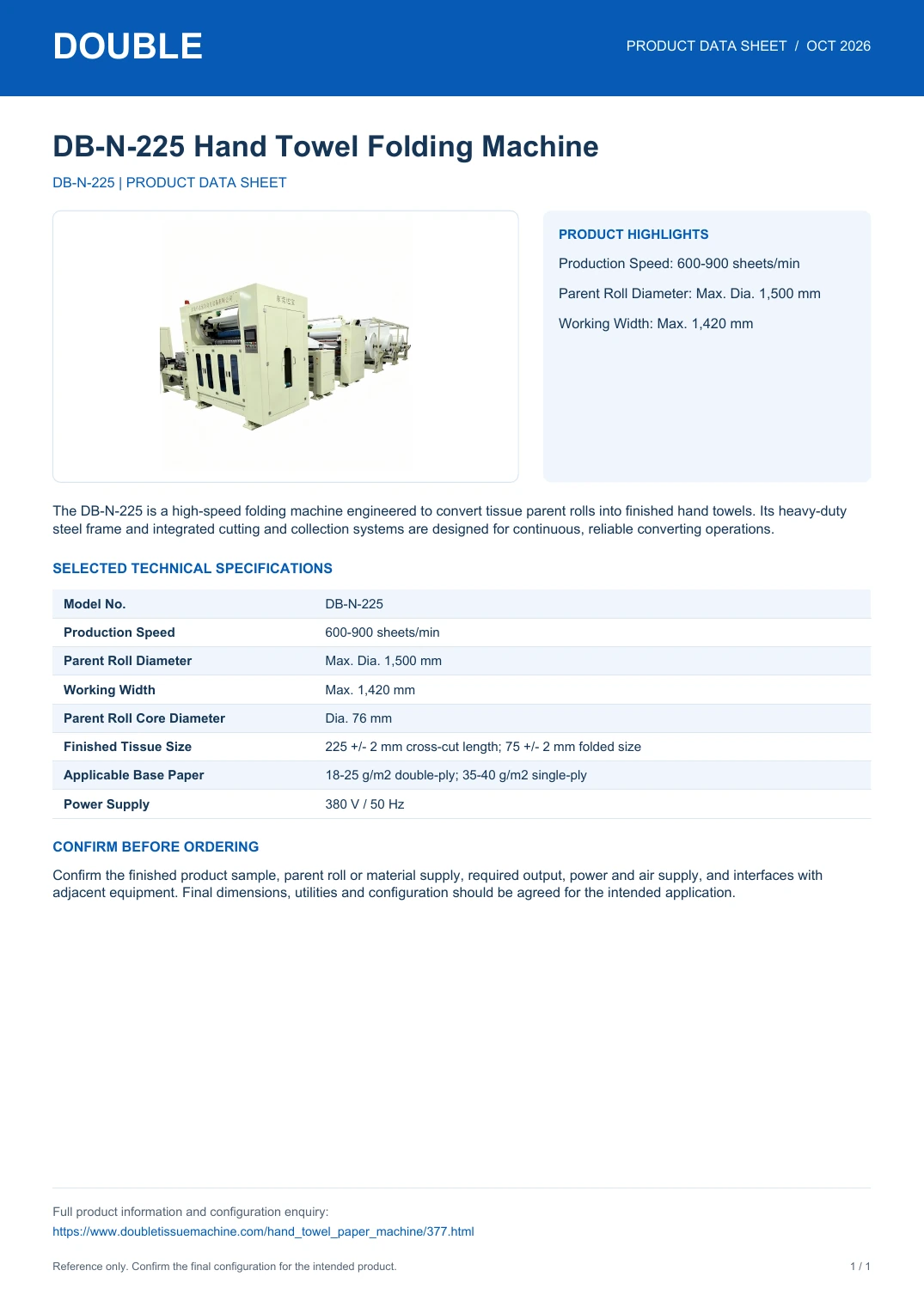DB-N-225 Hand Towel Folding Machine - PDF Data Sheet