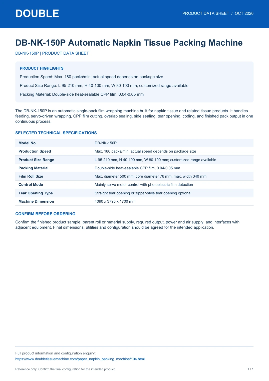 DB-NK-150P Automatic Napkin Tissue Packing Machine - PDF Data Sheet