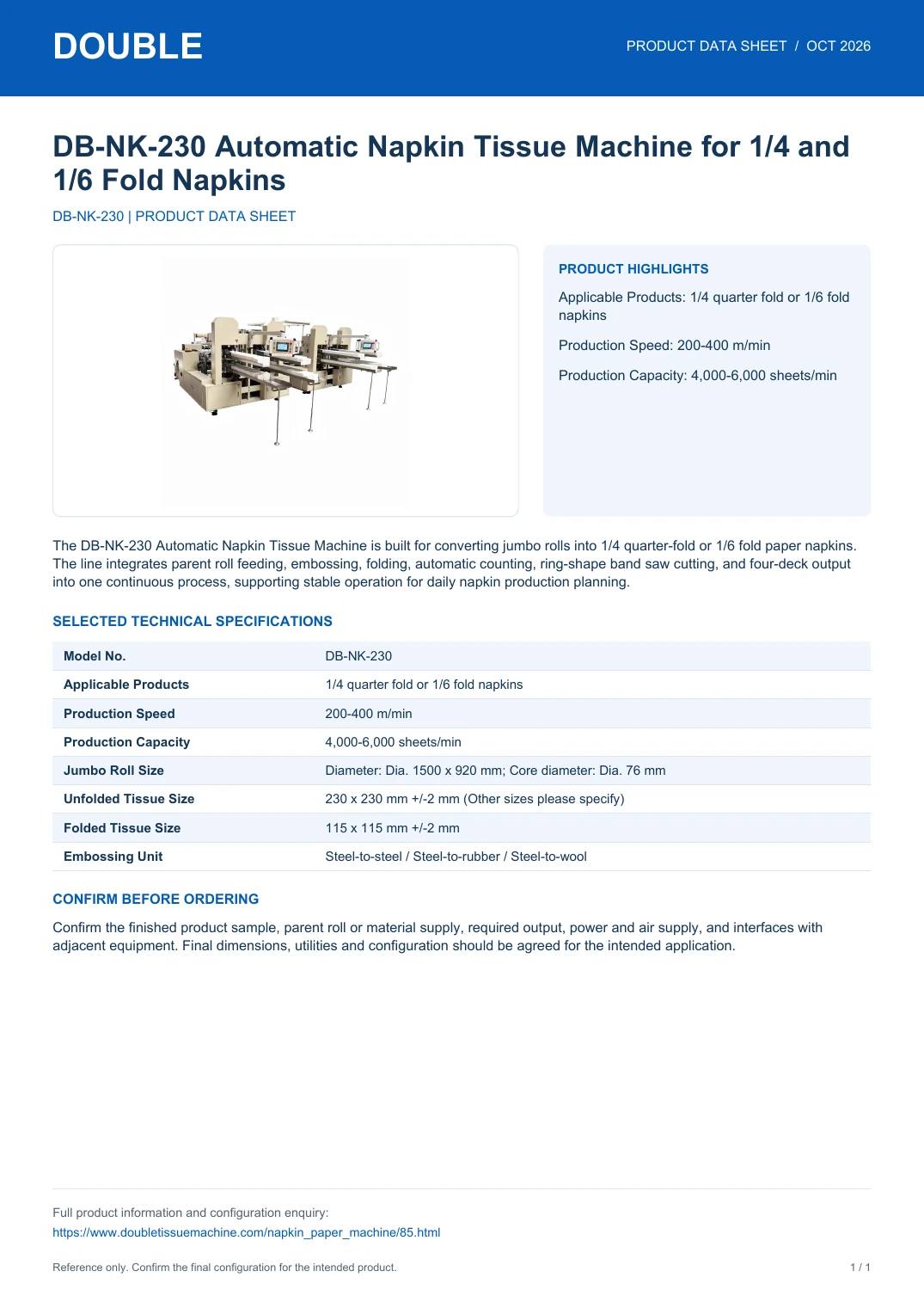DB-NK-230 Automatic Napkin Tissue Machine for 1/4 and 1/6 Fold Napkins - PDF Data Sheet