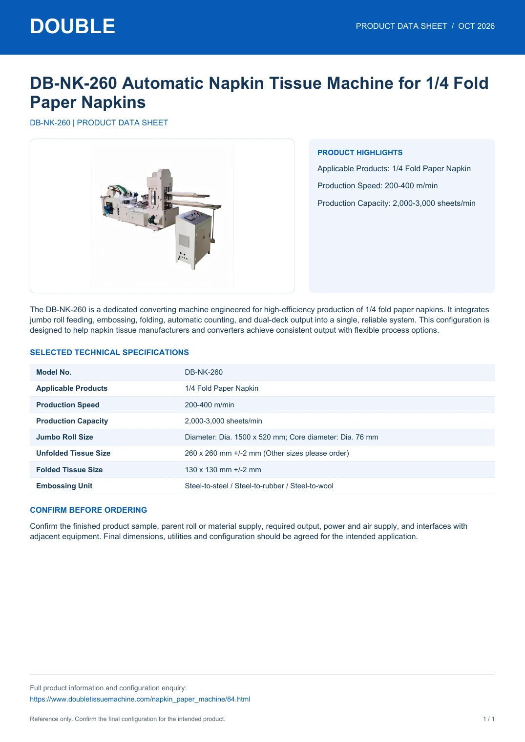 DB-NK-260 Automatic Napkin Tissue Machine for 1/4 Fold Paper Napkins - PDF Data Sheet