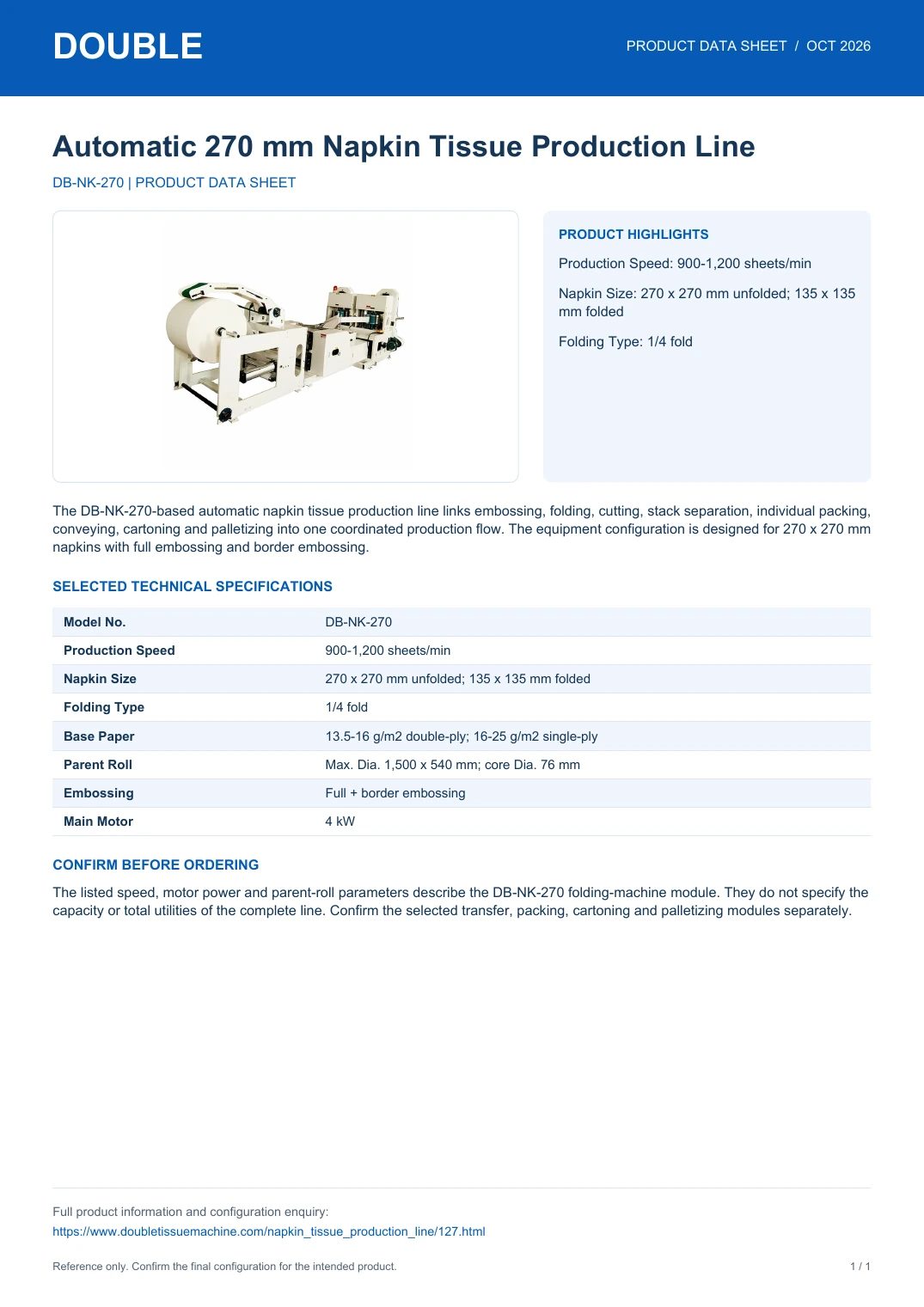 Automatic 270 mm Napkin Tissue Production Line - PDF Data Sheet