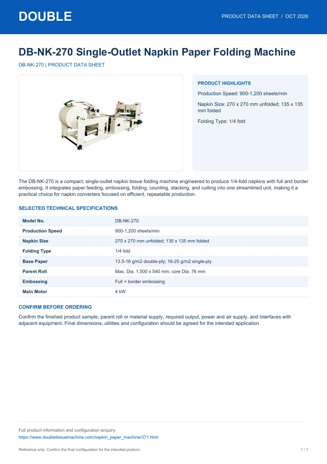 DB-NK-270 Single-Outlet Napkin Paper Folding Machine - PDF Data Sheet