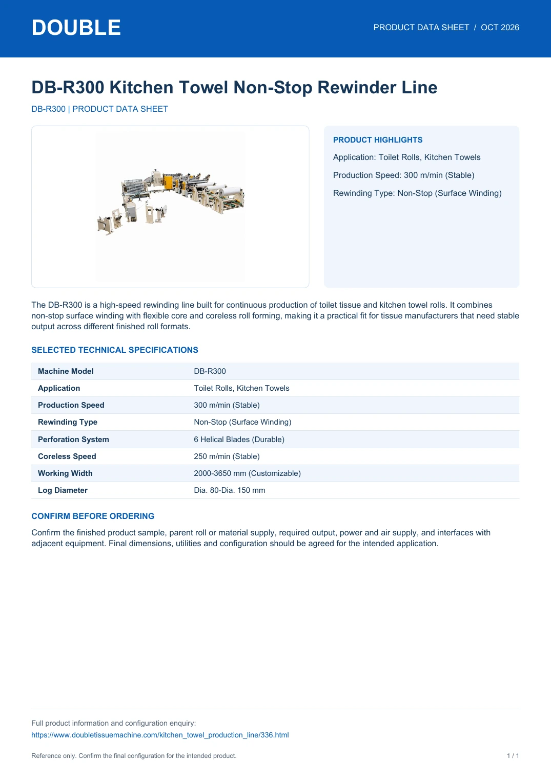 DB-R300 Kitchen Towel Non-Stop Rewinder Line - PDF Data Sheet