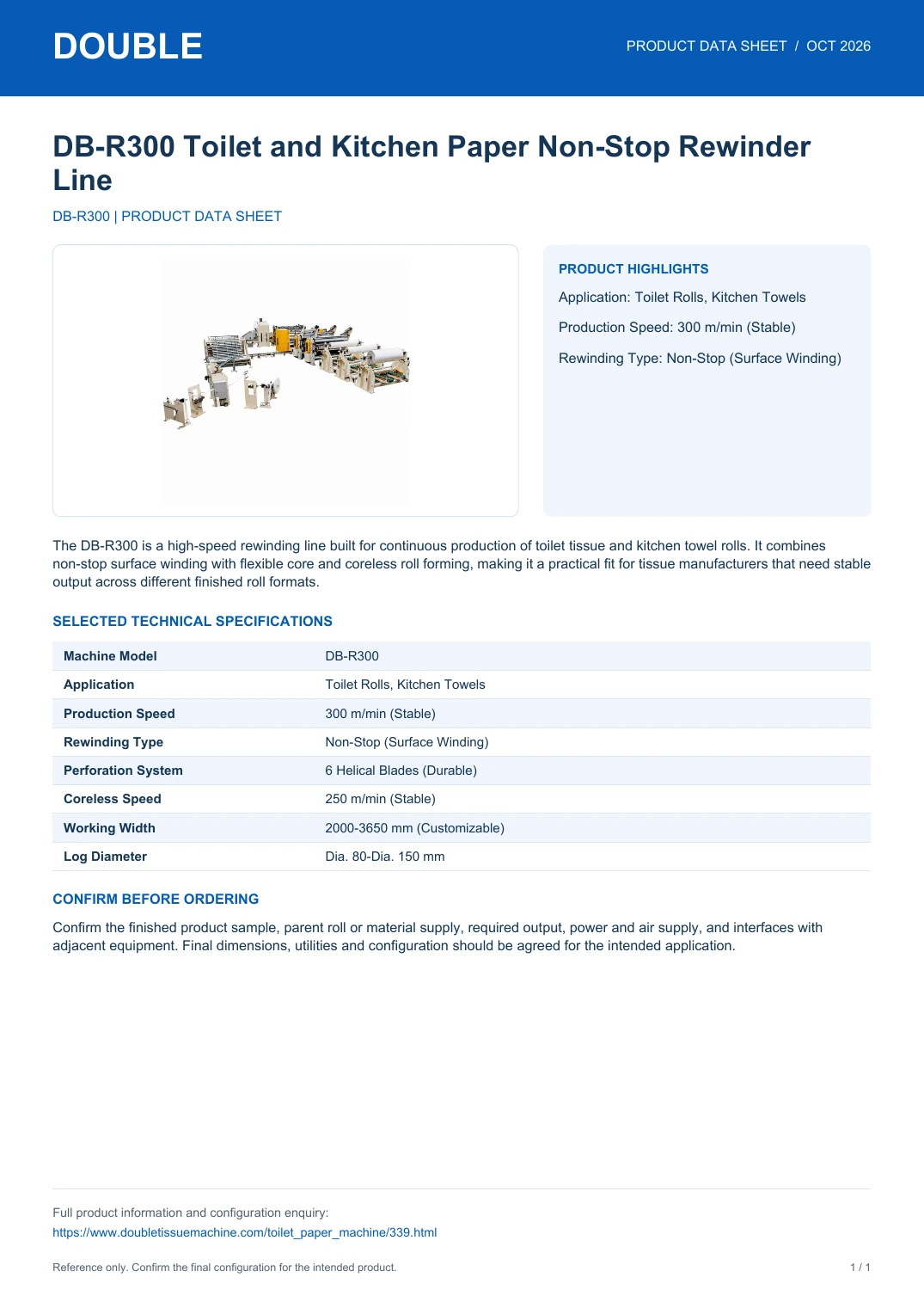 DB-R300 Toilet and Kitchen Paper Non-Stop Rewinder Line - PDF Data Sheet