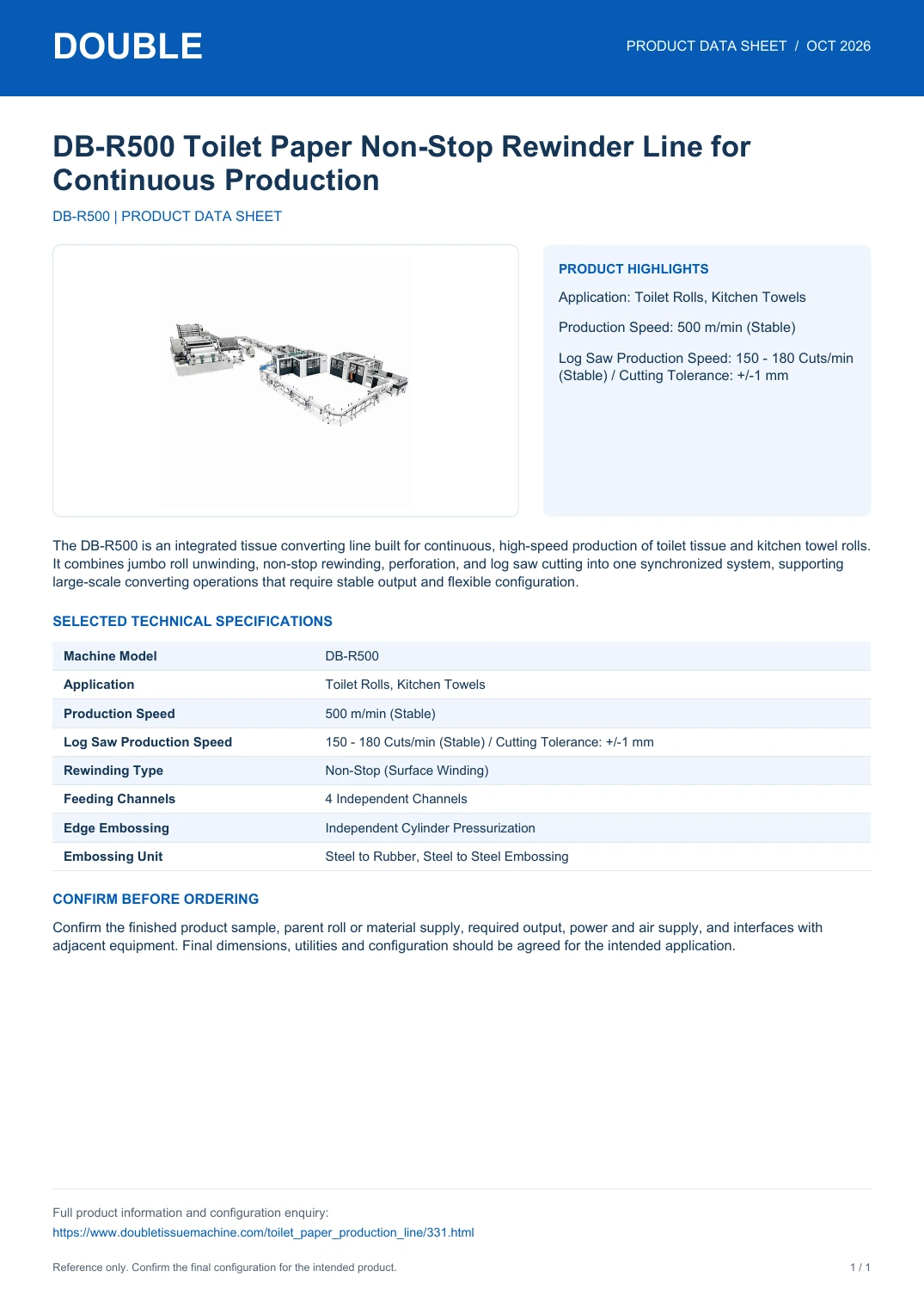 DB-R500 Toilet Paper Non-Stop Rewinder Line for Continuous Production - PDF Data Sheet