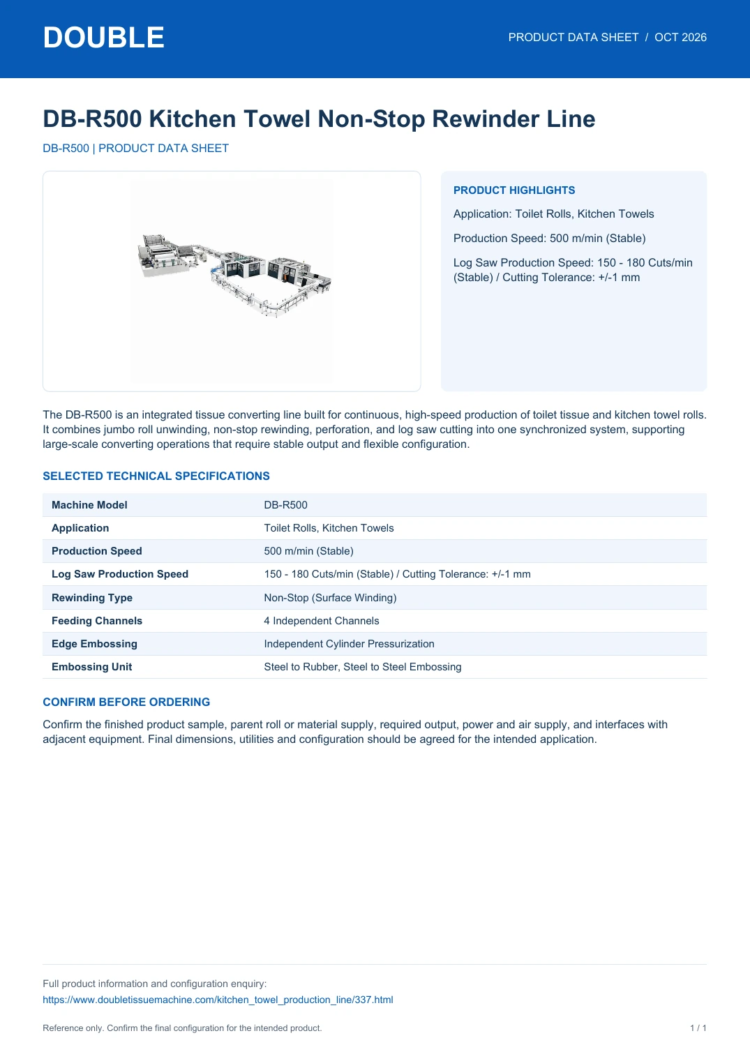 DB-R500 Kitchen Towel Non-Stop Rewinder Line - PDF Data Sheet