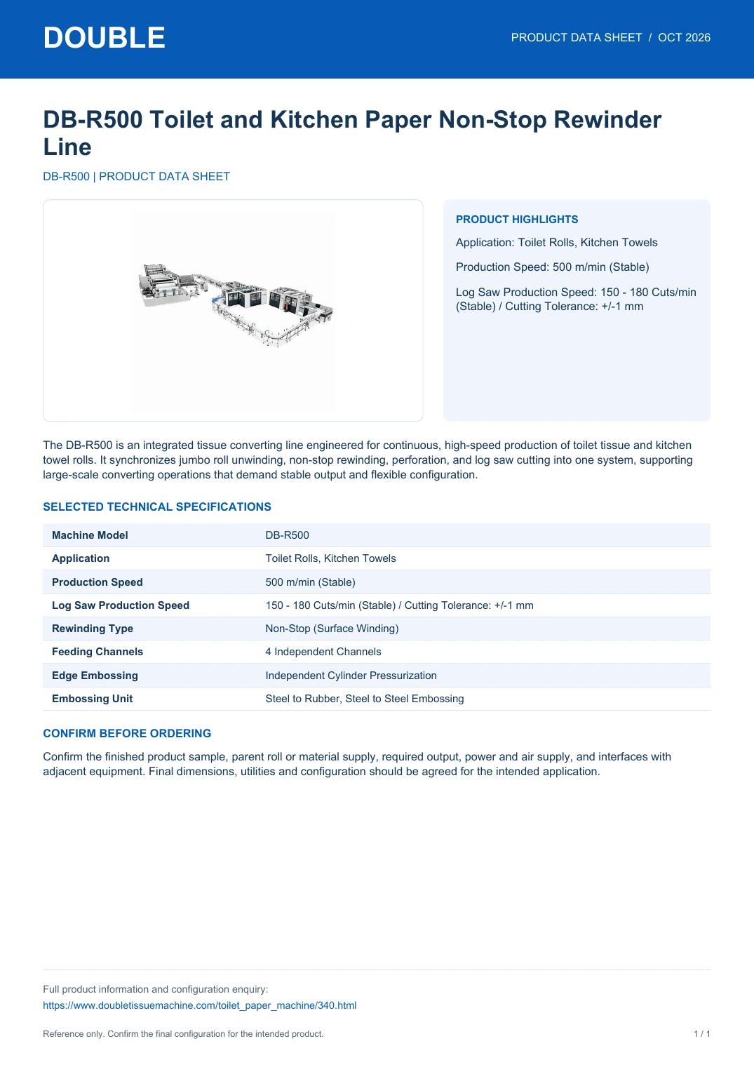 DB-R500 Toilet and Kitchen Paper Non-Stop Rewinder Line - PDF Data Sheet