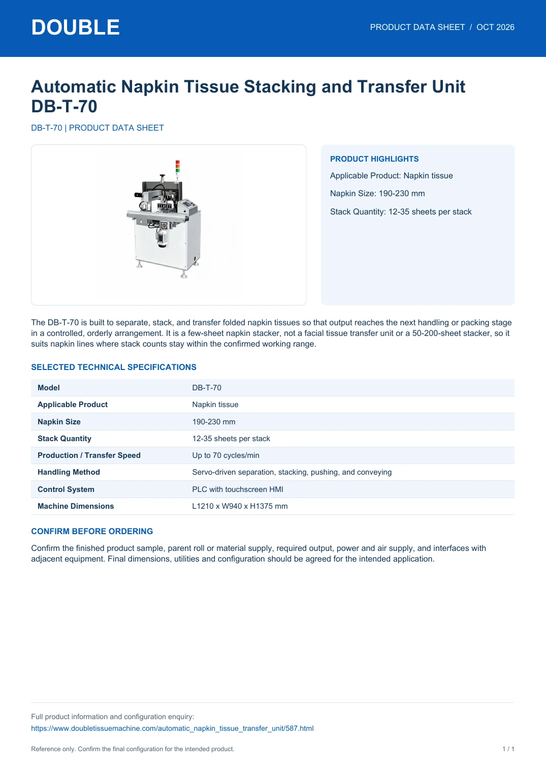 Automatic Napkin Tissue Stacking and Transfer Unit DB-T-70 - PDF Data Sheet