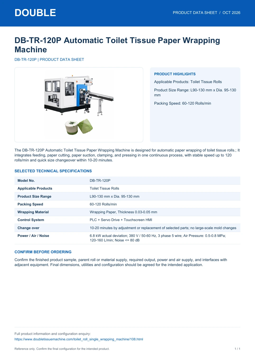 DB-TR-120P Automatic Toilet Tissue Paper Wrapping Machine - PDF Data Sheet