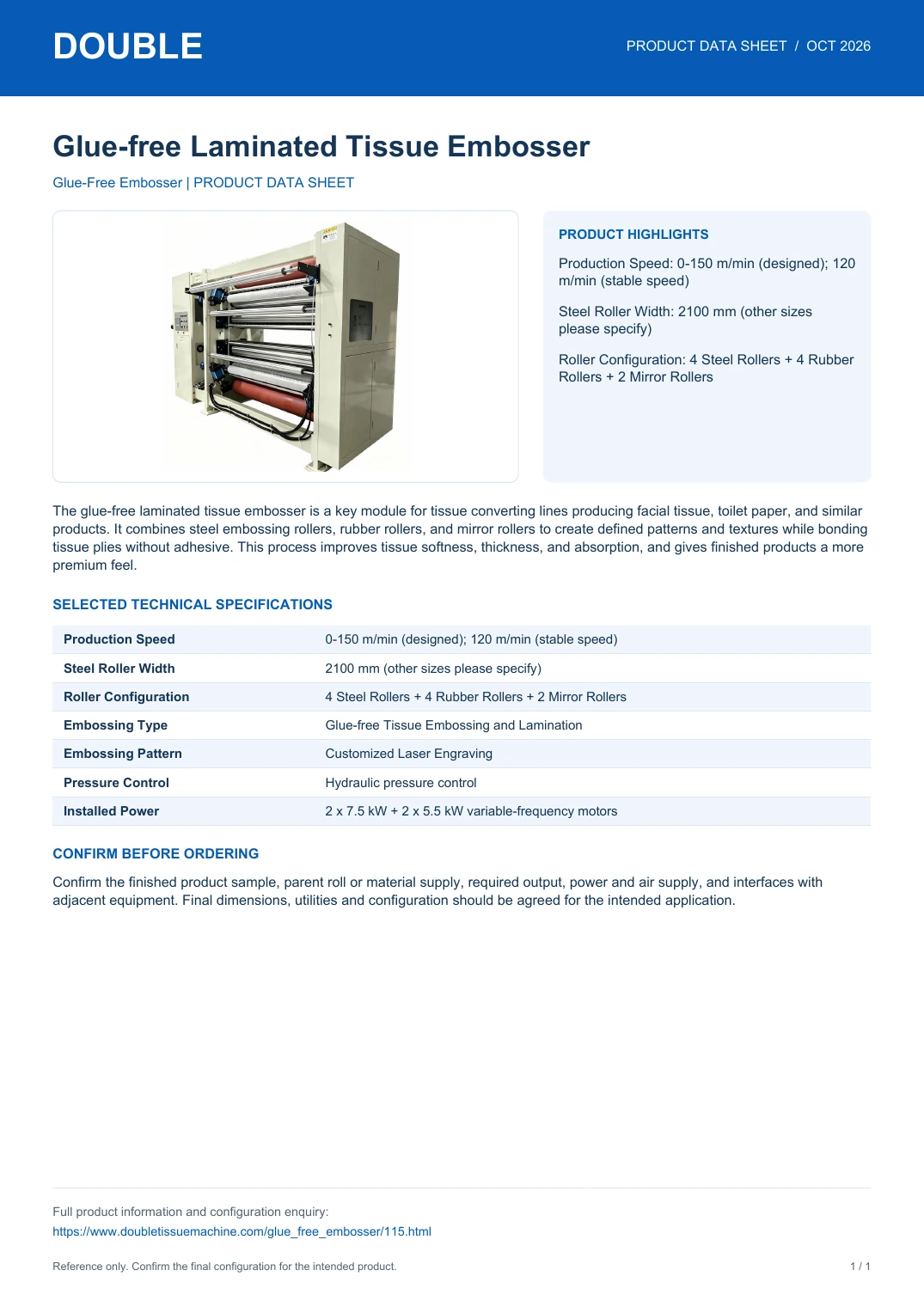 Glue-free Laminated Tissue Embosser - PDF Data Sheet