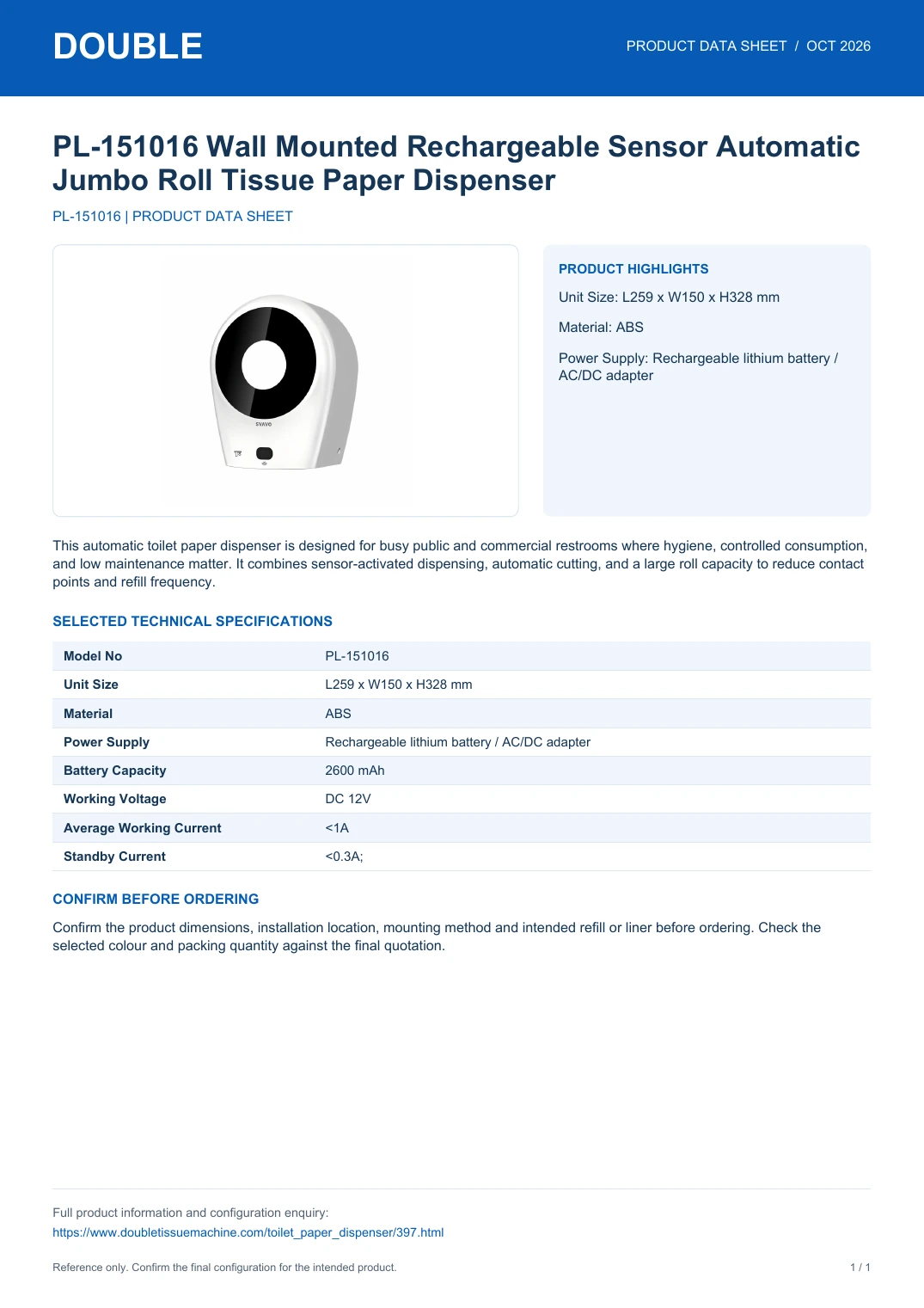 PL-151016 Wall Mounted Rechargeable Sensor Automatic Jumbo Roll Tissue Paper Dispenser - PDF Data Sheet