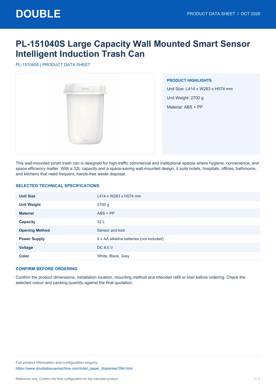 PL-151040S Large Capacity Wall Mounted Smart Sensor Intelligent Induction Trash Can - PDF Data Sheet