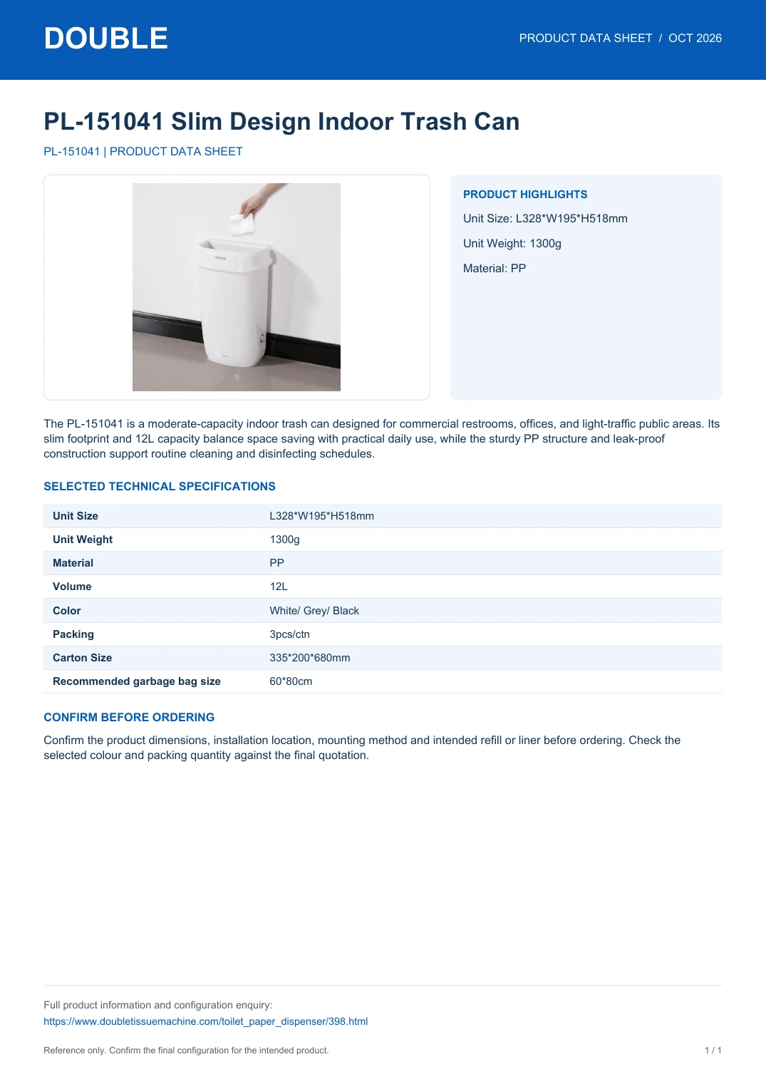 PL-151041 Slim Design Indoor Trash Can - PDF Data Sheet