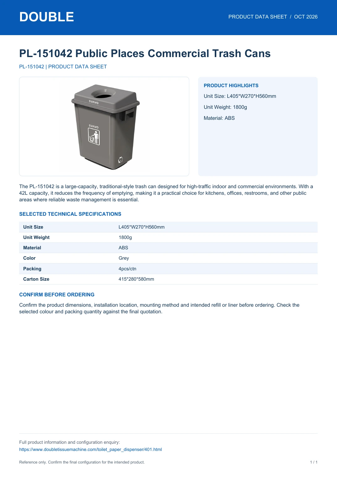 PL-151042 Public Places Commercial Trash Cans - PDF Data Sheet