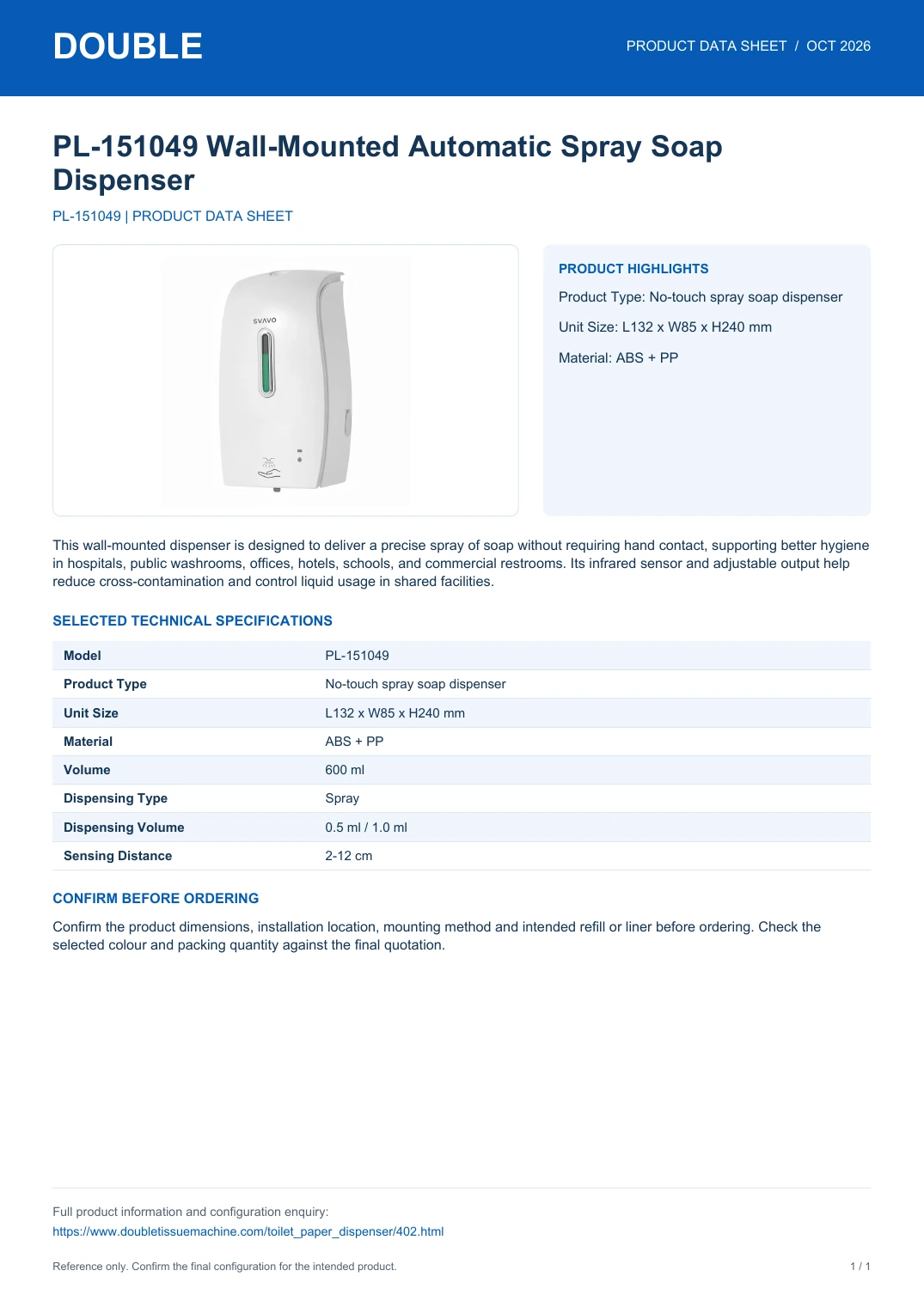 PL-151049 Wall-Mounted Automatic Spray Soap Dispenser - PDF Data Sheet