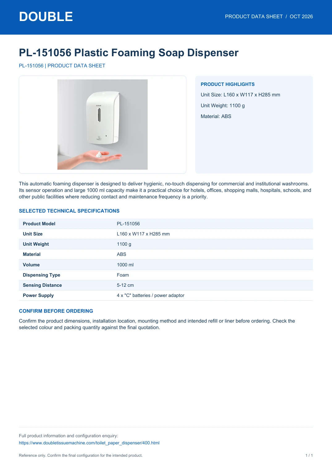 PL-151056 Plastic Foaming Soap Dispenser - PDF Data Sheet