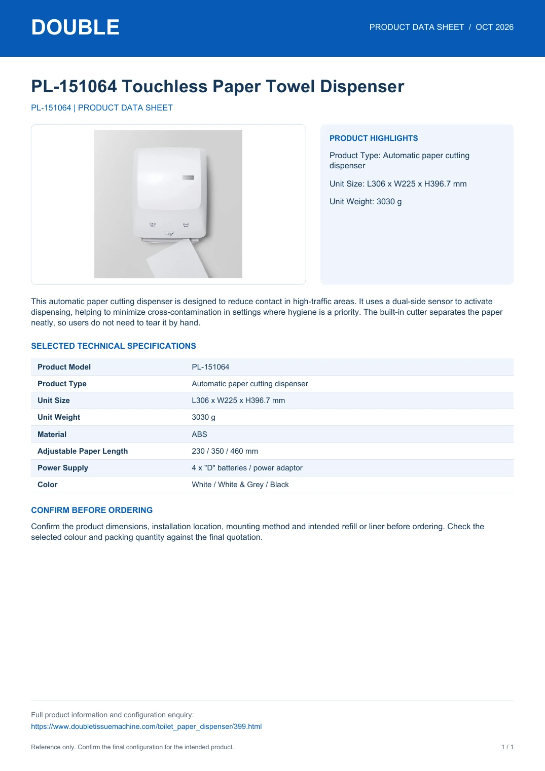 PL-151064 Touchless Paper Towel Dispenser - PDF Data Sheet