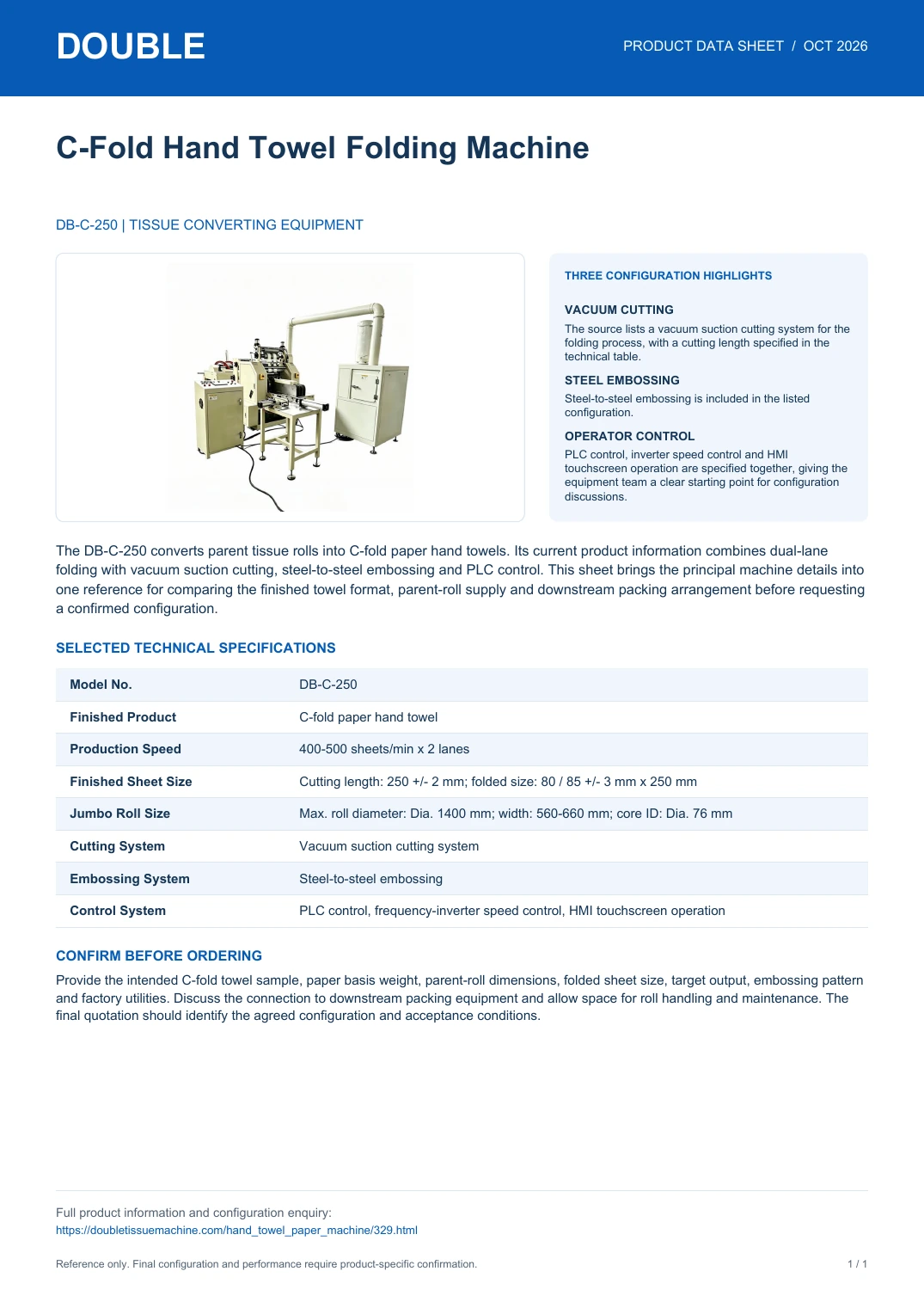 DB-C-250 Hand Towel Folding Machine - PDF Data Sheet
