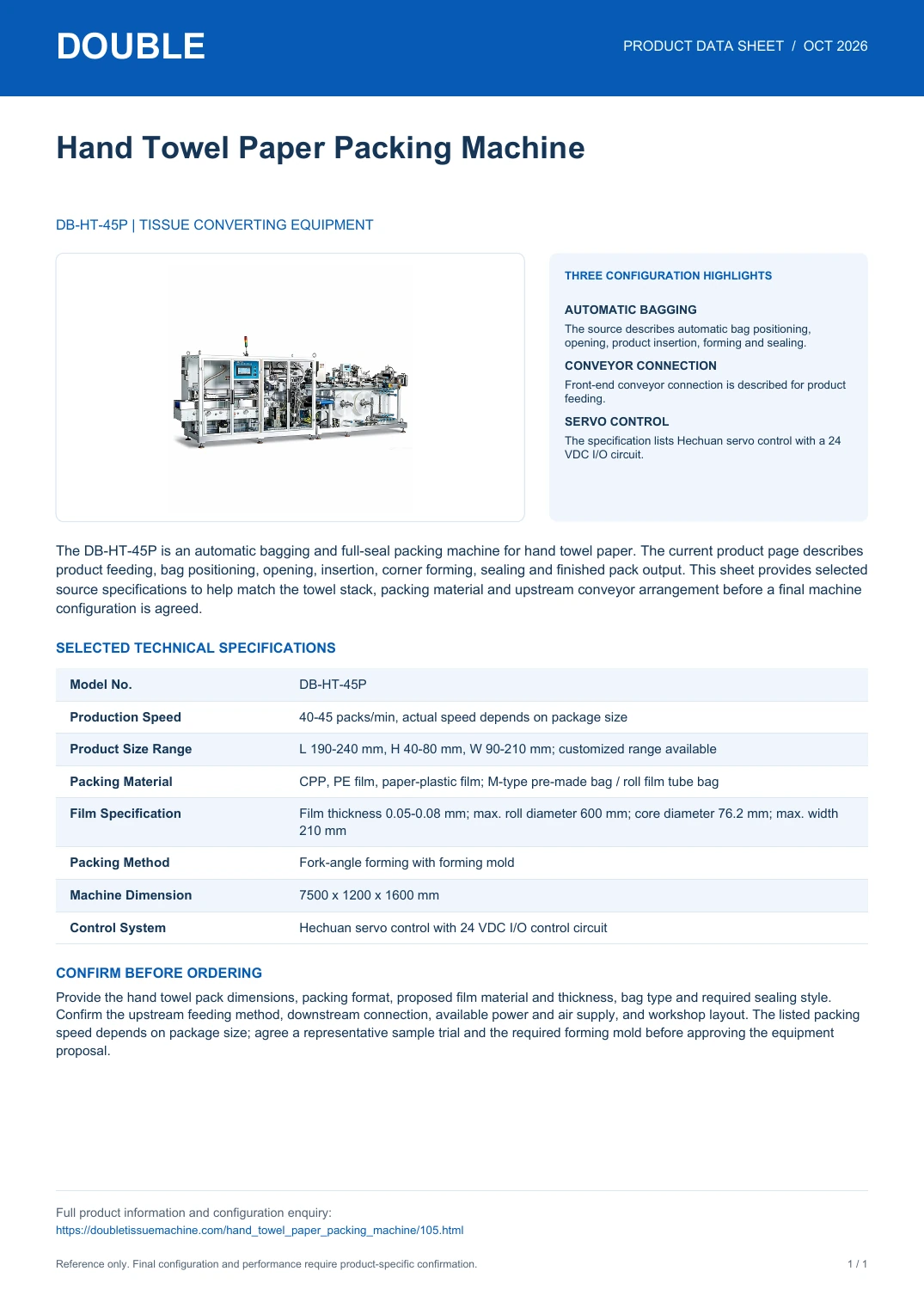 DB-HT-45P Hand Towel Packing Machine - PDF Data Sheet