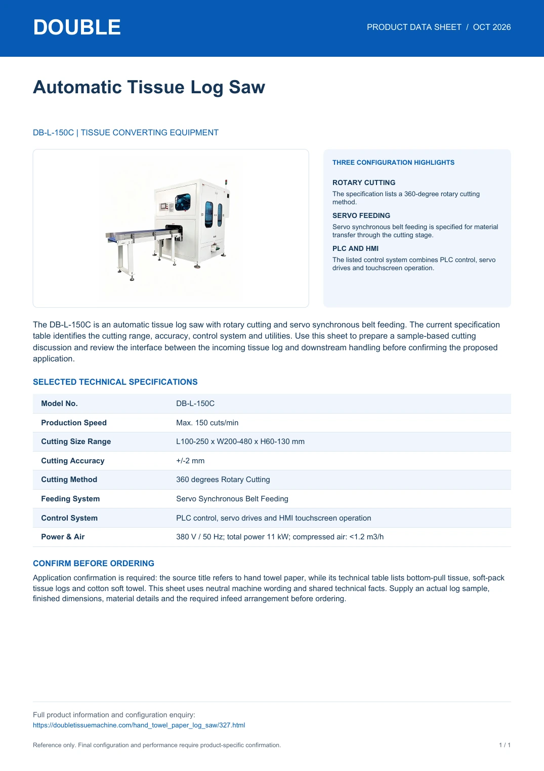 DB-L-150C Tissue Log Saw - PDF Data Sheet
