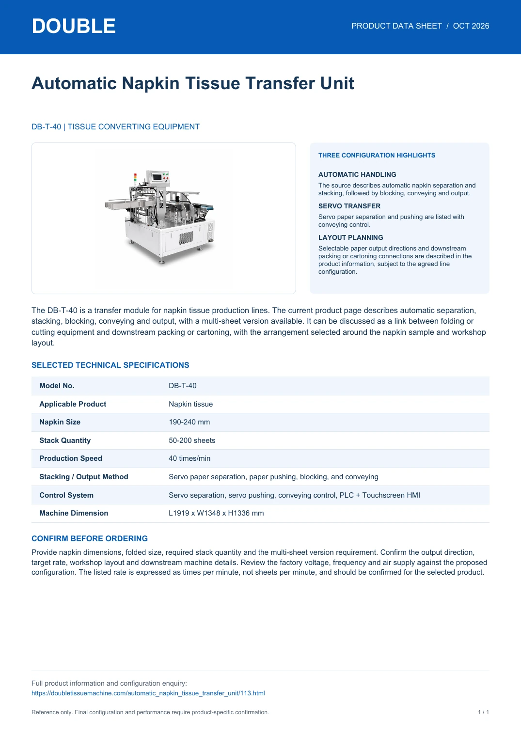 DB-T-40 Napkin Tissue Transfer Unit - PDF Data Sheet