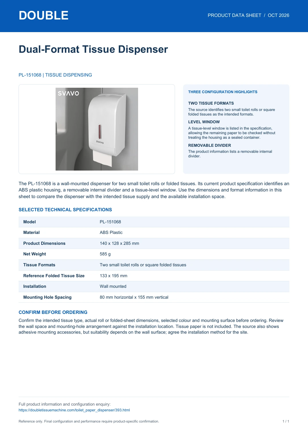 PL-151068 Dual-Format Tissue Dispenser - PDF Data Sheet